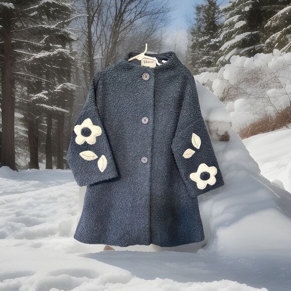 Vintage Girls FLORENCE EISEMAN Navy White Flowers Retro Winter Coat Size 5
